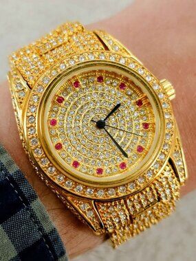 Louis Lasserre Paris Men's Watch Quartz Iced Out Diamond Gold JDM 37mm Hip Hop